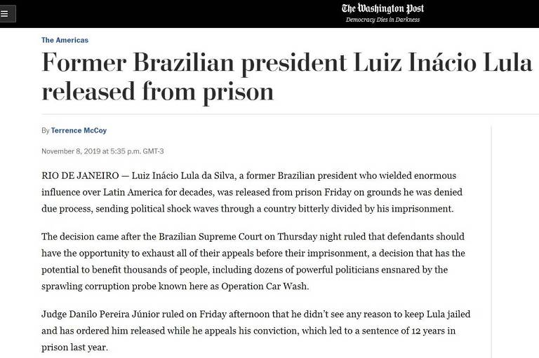 Jornal americano Washington Post repercute libertação do ex-presidente Lula