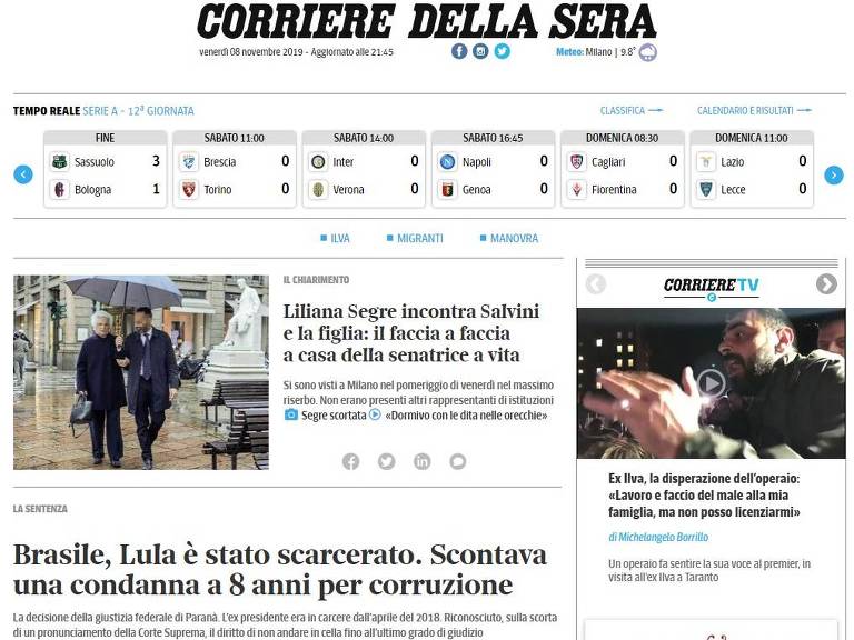 Jornal italiano Corriere della Sera noticia libertação de Lula