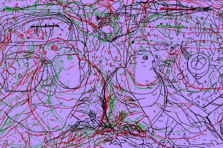 Ilustração em fundo arroxeado mostra figuras psicodélicas emaranhadas e desenhadas com traço fino