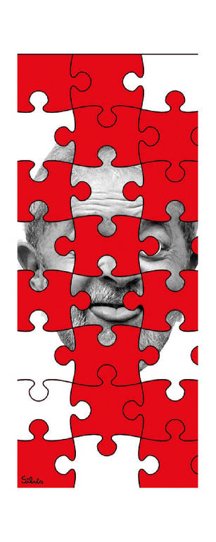Ilustração sobre foto de Lula com a língua de fora, com vários desenhos de peças de quebra-cabeça em vermelho por cima.