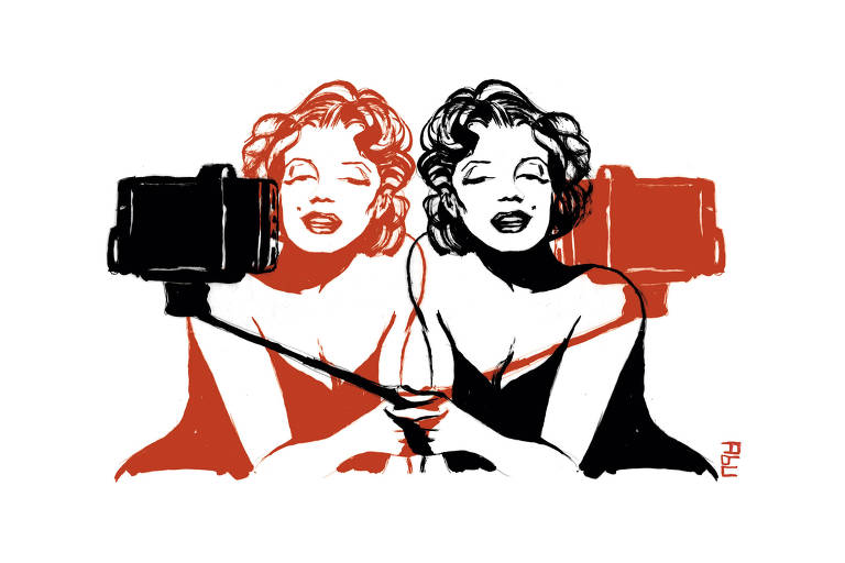 Ilustração em preto e vermelho e Marylin Monroe fazendo selfie.