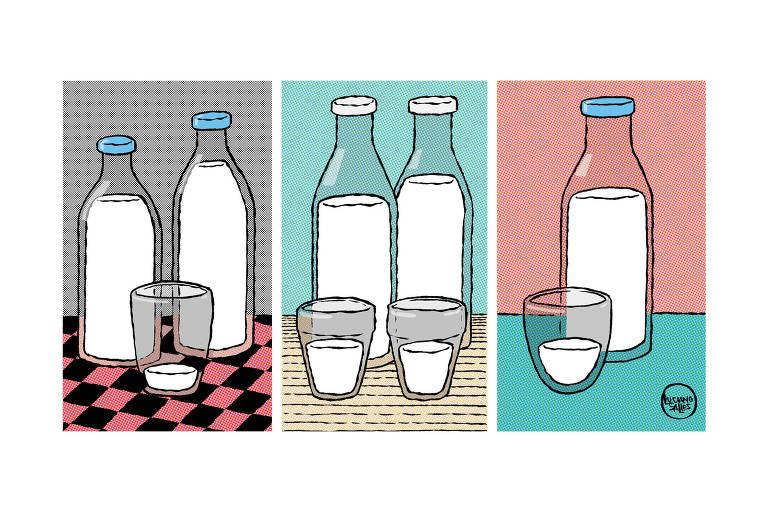 Ilustração de garrafas e copos com leite.
