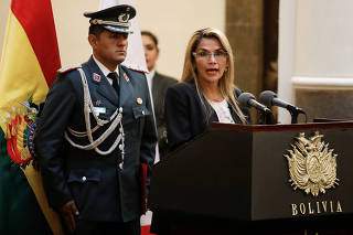 Bolivian Interim President Jeanine Anez speaks during a swearing-in ceremony for Rodolfo Montero as new Commander of the Bolivian Police, in La Paz