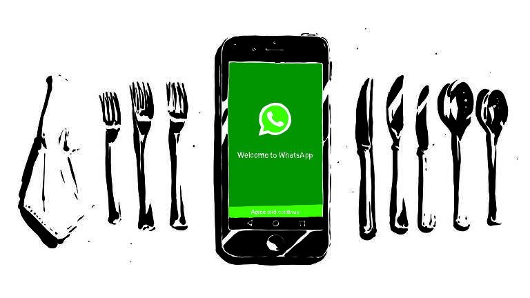 Ilustração em preto, branco e tons de verde. à esquerda, um guardanapo e três garfos de diferentes tamanhos. Ao centro, celular mostra logotipo do WhatsApp. À direita, três facas e duas colheres