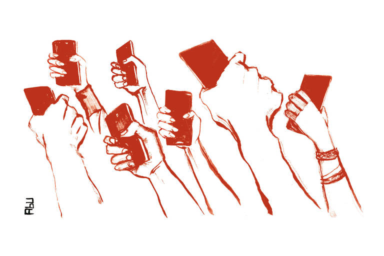 Ilustração em vermelho onde vearias mãos para cima seguram celulares.
