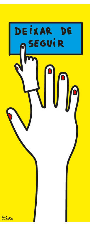 Ilustração com fundo amarelo onde mão branca com esmalte vermelho tem uma mãozinha menor encaixada no indicador, com indicador levantado apertando um botão escrito "Deixar de seguir"