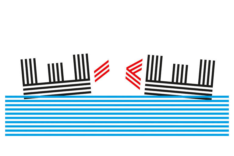 Ilustração tipográfica com com várias linhas azuis horizontais como se fosse o mar com um "É" e um "Ê" deitados sobre elas