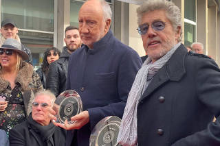 Pete Townshend and Roger Daltrey of The Who attend the unveiling of the founding stone of the new Music Walk of Fame in London