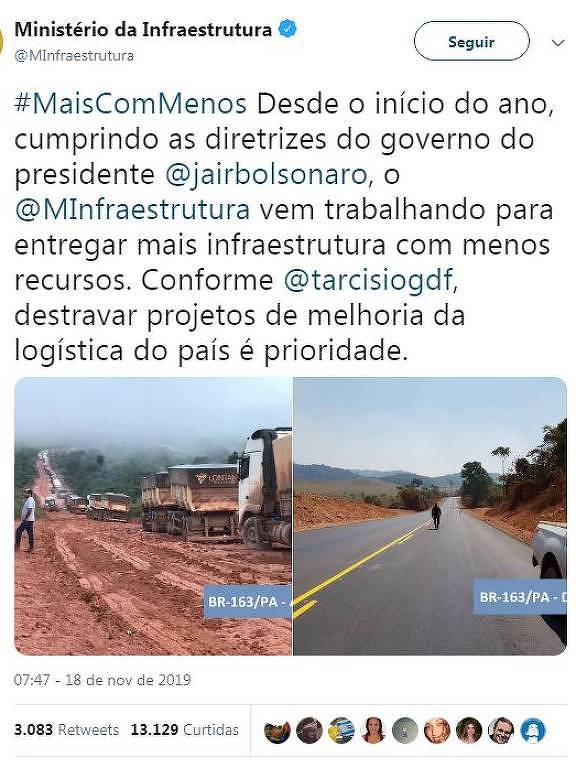 Twitter do Ministério da Infraestrutura sobre obras em estradas