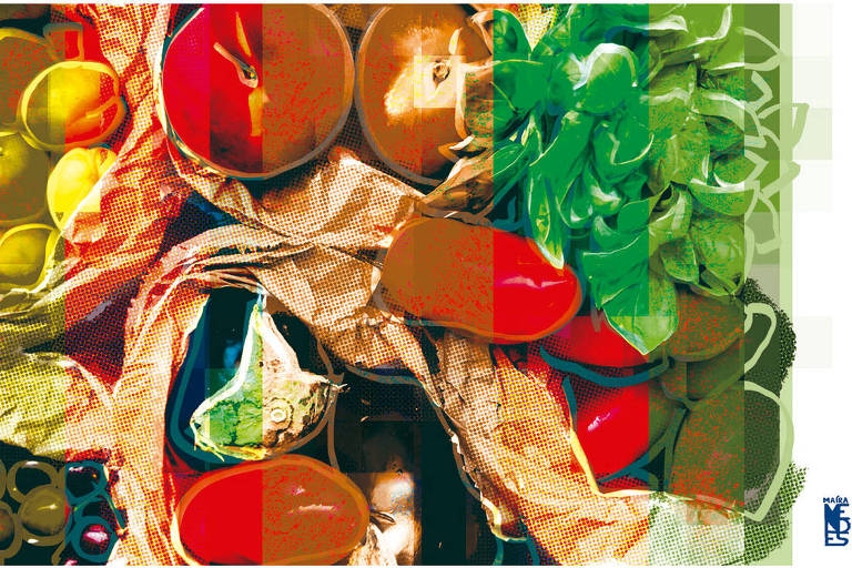 Colagem com fotos de frutas, legumes e folhas verdes