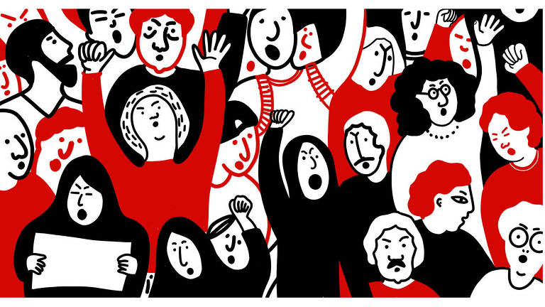 Ilustração em vermelho, branco e preto. Várias pessoas com perfis diferentes protestam