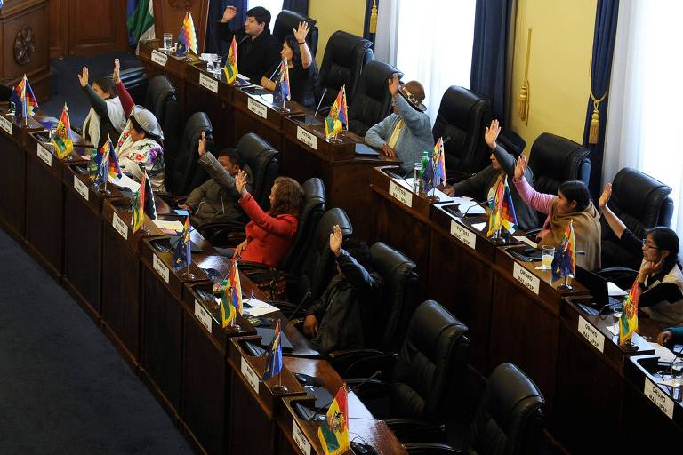 Senadores durante sessão no Congresso, em La Paz