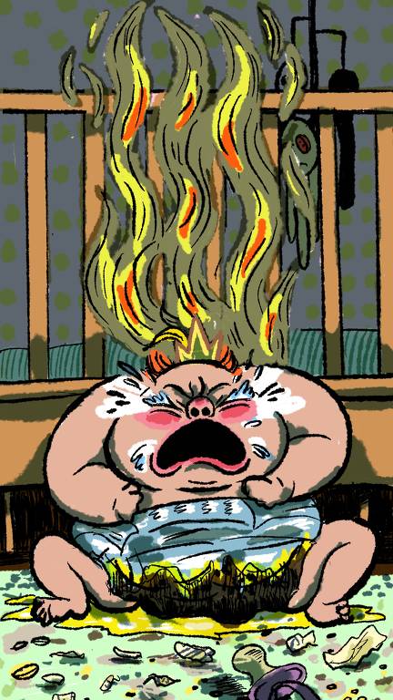 Ilustração mostra bebê chorando muito, com a chamas saindo da cabeça em frente a livro todo rasgado, dentro do seu berço.