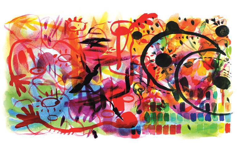 Ilustração colorida com diversos desenhos sobrepostos fazendo referência a Miró, pintura rupreste, Kandinsky, entre outros.