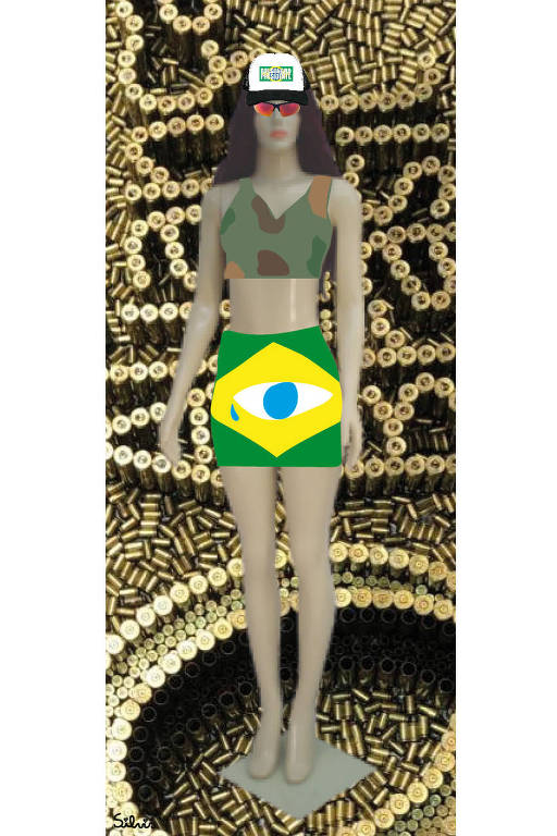 Manequim usando boné com a estampa "Bolsonaro Presidente", óculos escuros modelo juliet, blusa com padronagem militar e saia com estampa de bandeira do Brasil. No fundo, há uma foto do emblema do Partido Aliança pelo Brasil feito com projéteis de arma de fogo