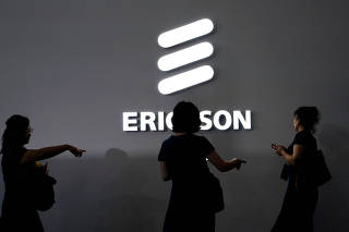 FILE PHOTO: An Ericsson logo is pictured at Mobile World Congress (MWC) in Shanghai