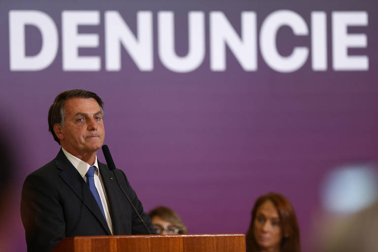 O presidente Bolsonaro durante evento do Dia do Enfrentamento à Violência contra a Mulher, no Palácio do Planalto