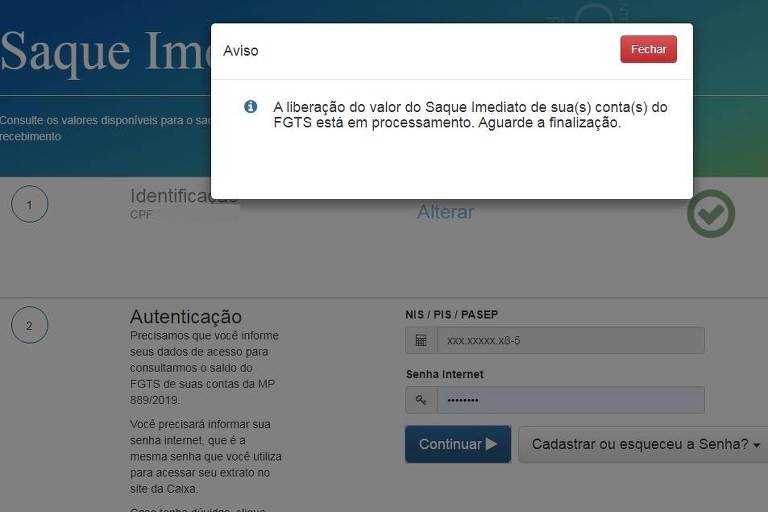 Consulta saque imediato fgts em processamento