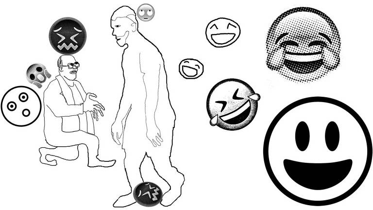 Ilustração em preto e branco com diversos emojis, alguns assustados e outros rindo, e duas pessoas
