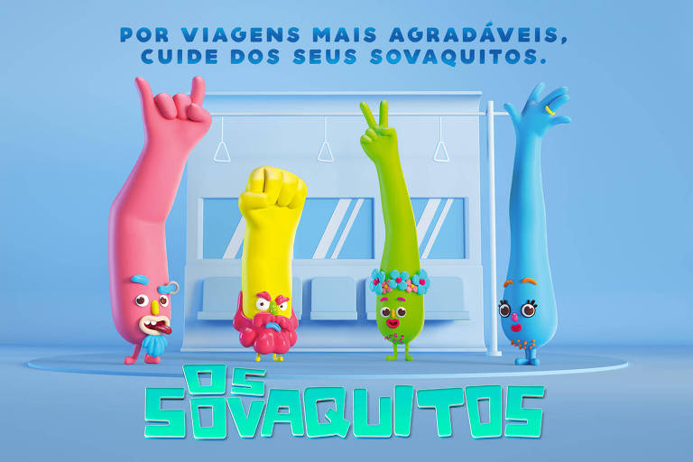 Os personagens da campanha Sovaquitos, criada para orientar usuários do metrô de Lisboa