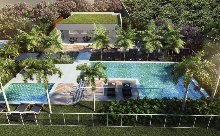 Perspectiva da 'pool house', casa da piscina para festas, do Cyrela Mond, na Vila Leopoldina