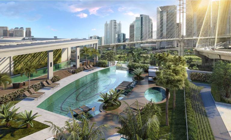 Perspectiva da piscina coberta do Only Cidade Jardim, da Exto