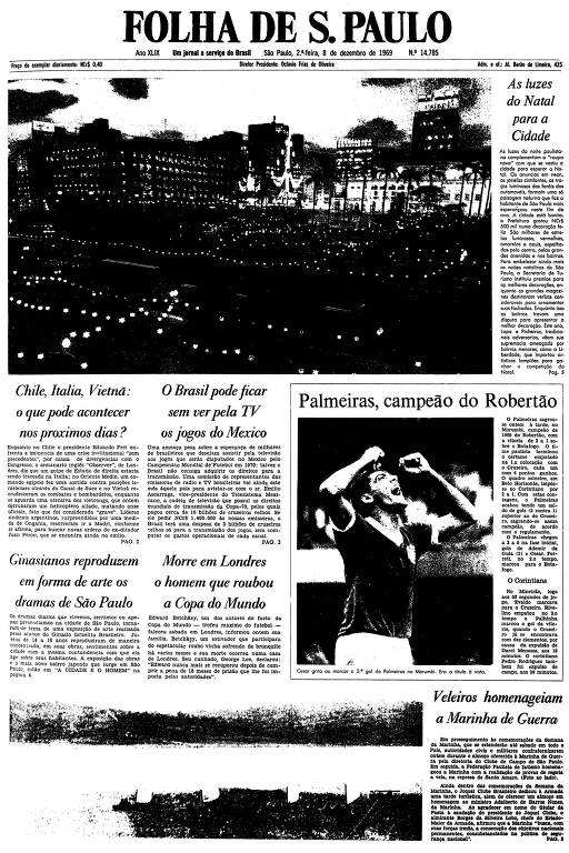 Primeira página da Folha de S.Paulo de 8 de dezembro de 1969
