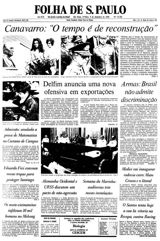 Primeira página da Folha de S.Paulo de 9 de dezembro de 1969