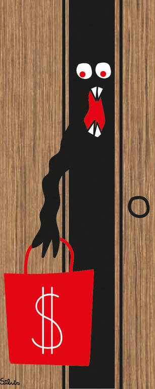  Ilustração de Silvia Rodrigues para coluna de Manu Cantuaria publicada no dia 03 de dezembro, traz um desenho de um mostro preto, segurando com a mão direita uma sacola vermelha,com o cifrão branco, com um semblante de espanto.