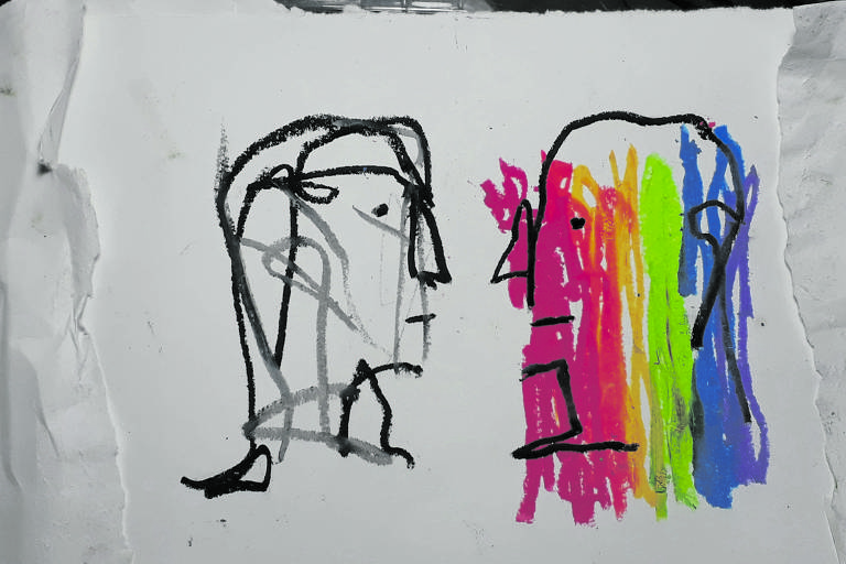 Ilustração Paulo Branco publicada na Folha no dia 03 de dezembro. em um fundo branco o desenho de o rosto de dois homem, um de frente para o outro, sobre o rosto do homem da direita pinceladas na vertical das cores vermelha, laranja, amarelo, verde, azul e roxo.
