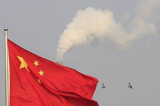 Birds fly past the chimney of a thermal power plant as China's national flag flutters in a suburb in Shanghai