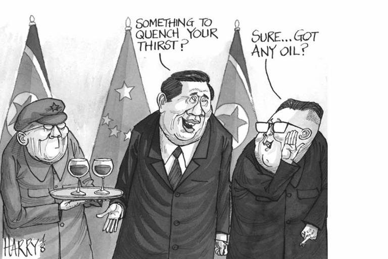"Algo para aplacar sua sede?", diz Xi Jinping, líder do regime chinês; "Você tem petróleo?", responde Kim Jong-un, ditador da Coreia do Norte