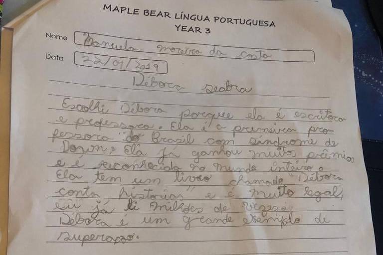 Carta recebida pela professora Débora Moura de crianças de escola em que fez palestra