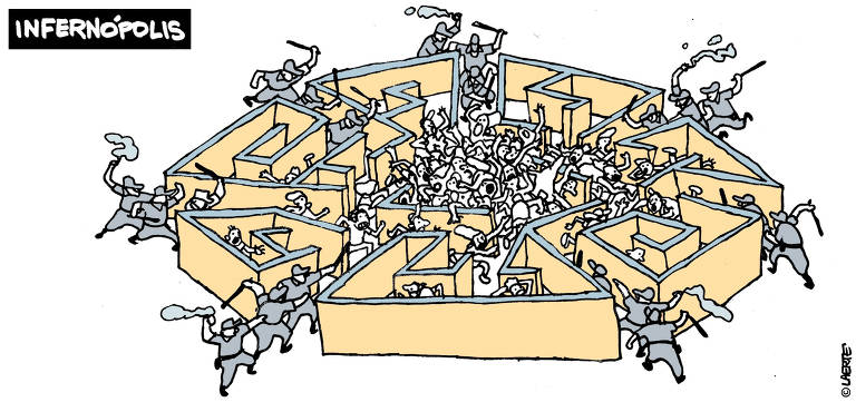 Charge Laerte publicada na Folha no dia 3 de dezembro de 2019, título Infernópolis, traz um labirinto redondo com várias entradas. Em todas elas há policiais segurando cassetetes ou bombas de efeitos moral.Encurralados nos corredores e no centro do labirinto, muitos tentam fugir com expressão de pavor. No meio do local diversas pessoas amontoadas 