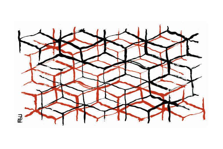 Ilustração mostra sobreposição de linhas, que parecem colmeias, em preto e vermelho.