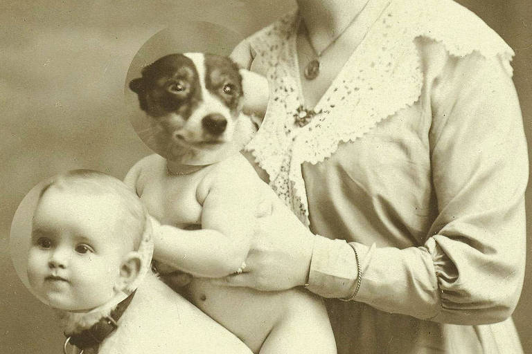 Montagem com foto antiga, onde mulher segura criança com cabeça de cachorro sentada em cima de um cachorro com cabeça de criança.