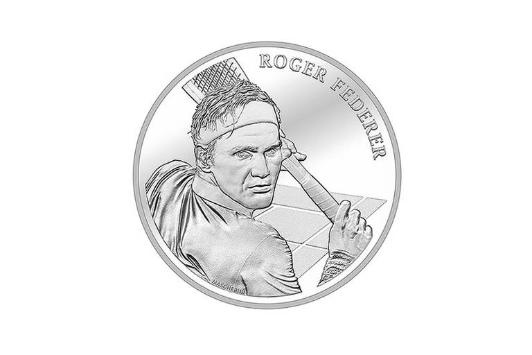 Moeda de 20 francos suíços comemorativa com o rosto do tenista Roger Federer
