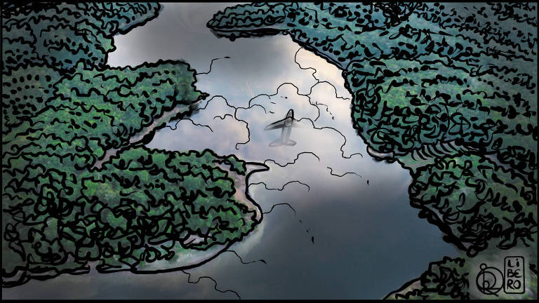 Ilustração de um rio que cruza uma densa floresta. No reflexo da água, nuvens e um avião no céu