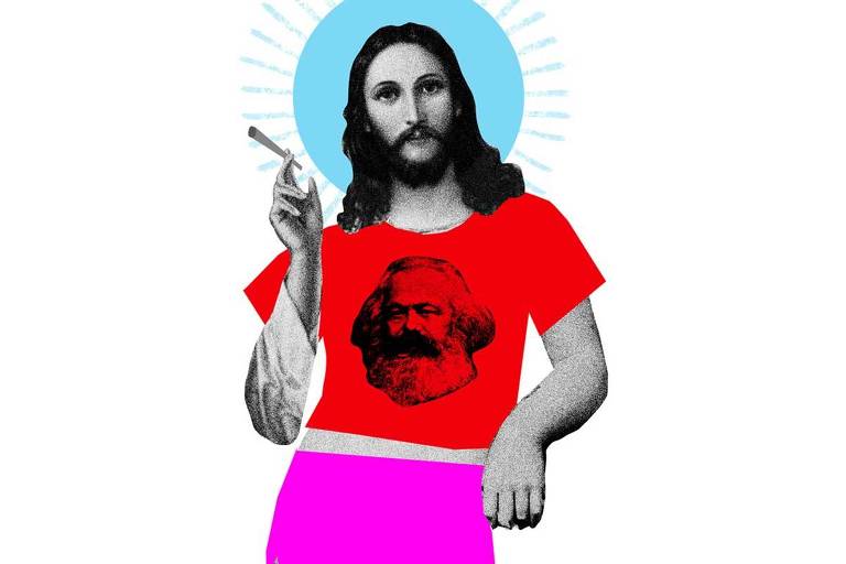 Colagem de uma imagem de Jesus vestindo camiseta vermelha com estampa do rosto de Karl Marx e bermuda rosa. A mão está levemente levantada na frente do corpo e segura um cigarro.
