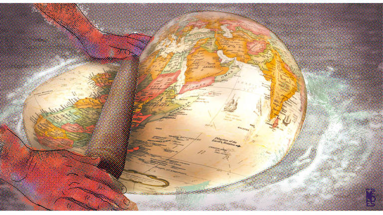 Na ilustração, duas mãos abrem uma massa com um rolo. Na massa, há o mapa mundi com a região da África para cima.