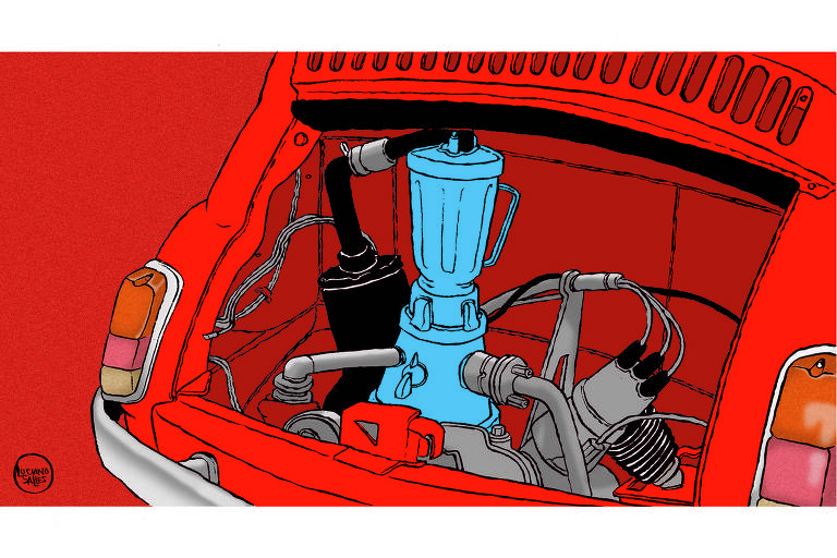 Ilustração de fusca vermeho, em fundo vermelho, com liquidificador azul no lugar do motor.