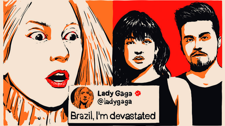 Meme mostra imagem de Lady Gaga espantada, outra imagem de Luan Santana e Paula Fernandes e a reprodução de um tweet da americana escrito "Brazil, I'm devastated!"