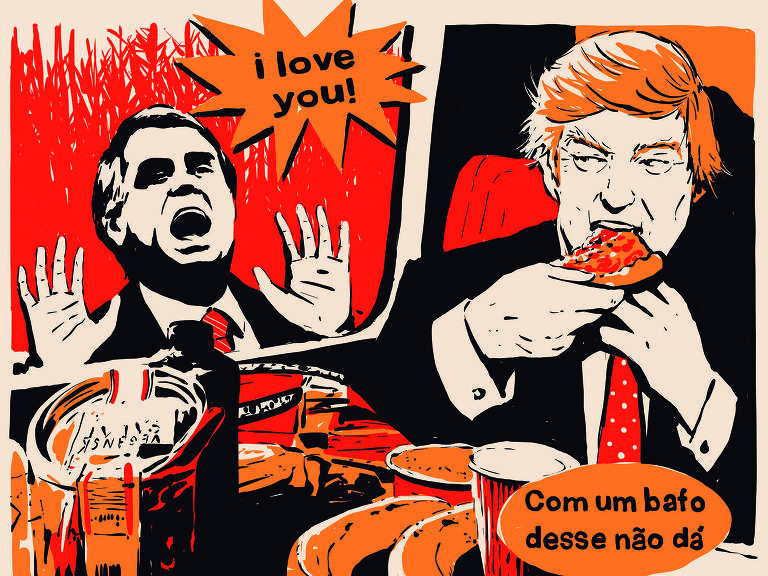 Meme mostra Jair Bolsonaro do lado de fora de um trem com um balão escrito "I love you"; do lado de dentro, Donald Trump aparece comendo uma pizza com a frase "Com um bafo desse não dá"