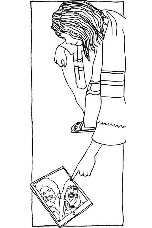 Ilustração de Jesus apontando um tablet. Na tela do aparelho, há a imagem de Gregorio Duvivier e Fábio Porchat no Especial de Natal da Porta dos Fundos