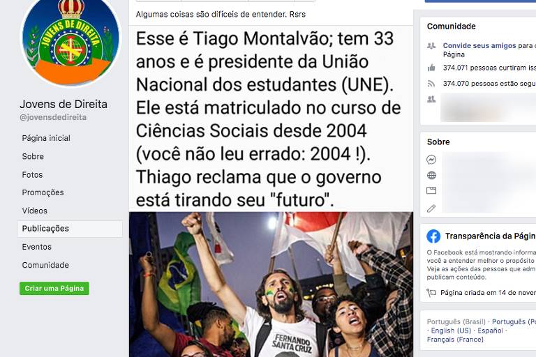 Print de postagem na página de Facebook "Jovens de Direita" mostra postagem que afirma que o presidente da UNE tem 33 anos e estuda ciências sociais desde 2004. Abaixo uma foto dele empunhando uma bandeira, com outros estudantes em volta, no que parece uma manifestação.