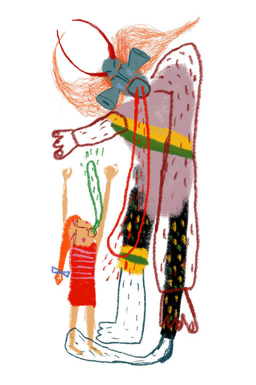 Ilustração mostra menina brava falando com homem que tem o dobro de seu tamanho, com chifres na cabeça, que esbraveja contra ela tbm.