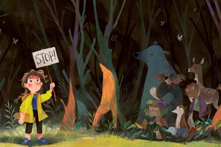Ilustração do livro "Greta e os Gigantes", inspirado na ativista ambiental Greta Thunberg