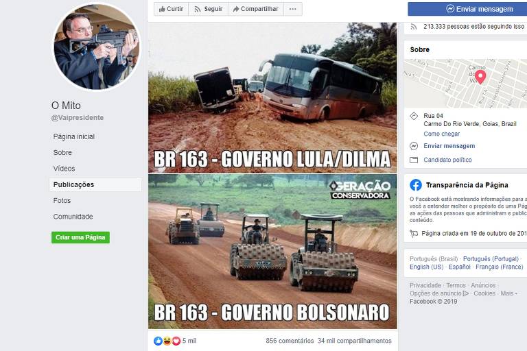 Imagem mostra uma montagem com duas fotos, a primeira delas mostra uma estrada bastante enlameada e com ônibus e caminhões tendo dificuldade para se locomover, junto da frase governo Lula e Dilma. Na segunda imagem, máquinas trabalham no asfaltamento da pista, o que é creditado ao governo de Jair Bolsonaro 