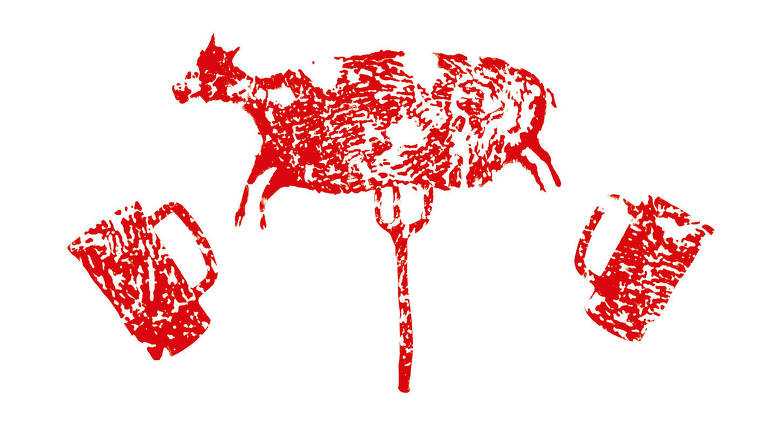 Ilustração em vermelho com estilo semelhante ao de arte rupestre. No centro, um boi está espetado em um garfo, há duas canecas nas laterais da ilustração central, uma de cada lado