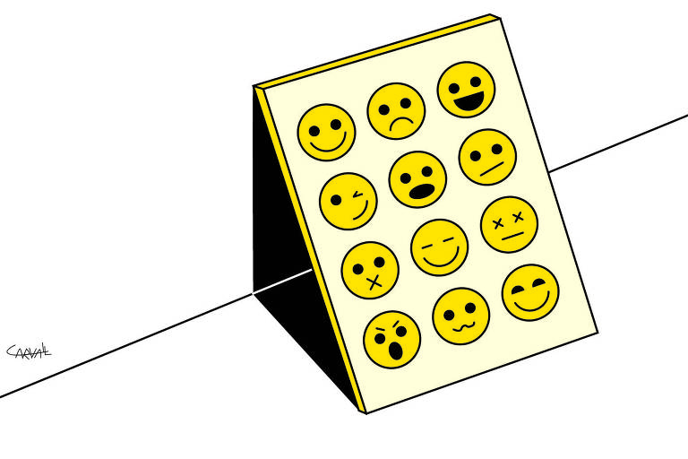 Apoiado em uma parede, um cartaz cheio de emojis de carinhas amarelas 